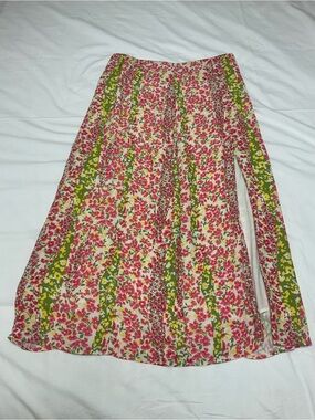 Anthropologie Pink & Green Floral Midi Skirt